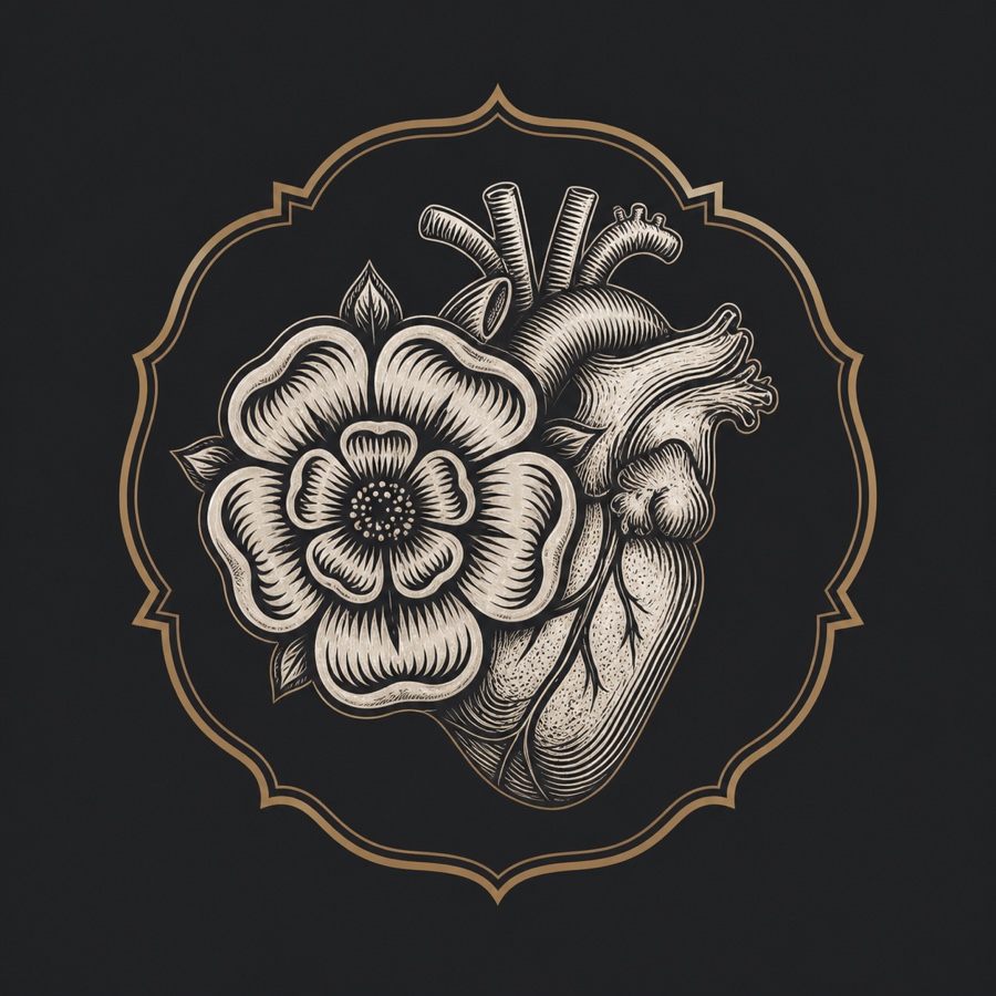 Engraved Yorkshire white rose and anatomical heart emblem